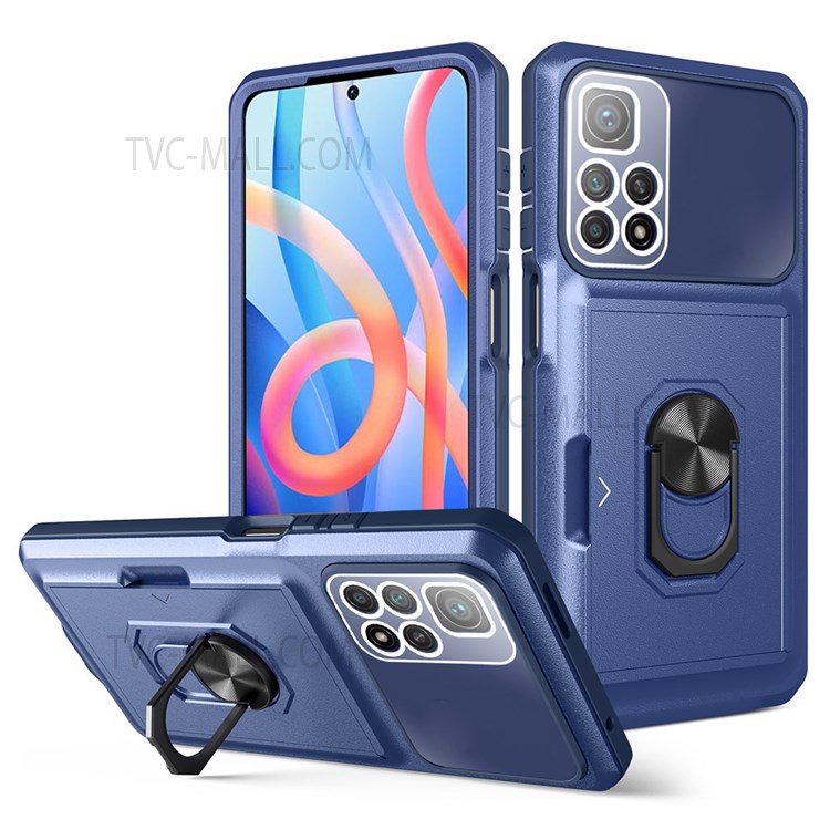 For Xiaomi Redmi Note 11 5G (China) (MediaTek)/Redmi Note 11S 5G/Redmi Note 11T 5G Sliding Card Holder Micron Lens Film Design Case Ring Kickstand TPU + PC Protective Cover - Sapphire/Blue-1