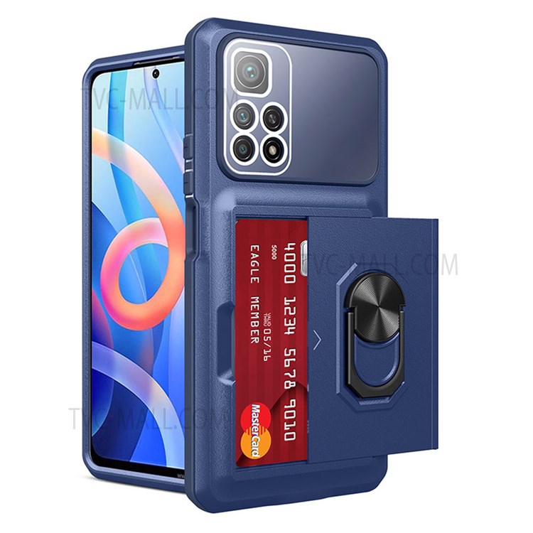For Xiaomi Redmi Note 11 5G (China) (MediaTek)/Redmi Note 11S 5G/Redmi Note 11T 5G Sliding Card Holder Micron Lens Film Design Case Ring Kickstand TPU + PC Protective Cover - Sapphire/Blue-2