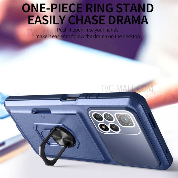 For Xiaomi Redmi Note 11 5G (China) (MediaTek)/Redmi Note 11S 5G/Redmi Note 11T 5G Sliding Card Holder Micron Lens Film Design Case Ring Kickstand TPU + PC Protective Cover - Sapphire/Blue-3