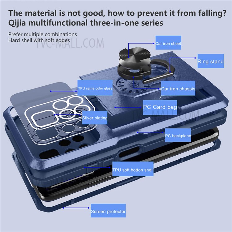 For Xiaomi Redmi Note 11 5G (China) (MediaTek)/Redmi Note 11S 5G/Redmi Note 11T 5G Sliding Card Holder Micron Lens Film Design Case Ring Kickstand TPU + PC Protective Cover - Sapphire/Blue-4