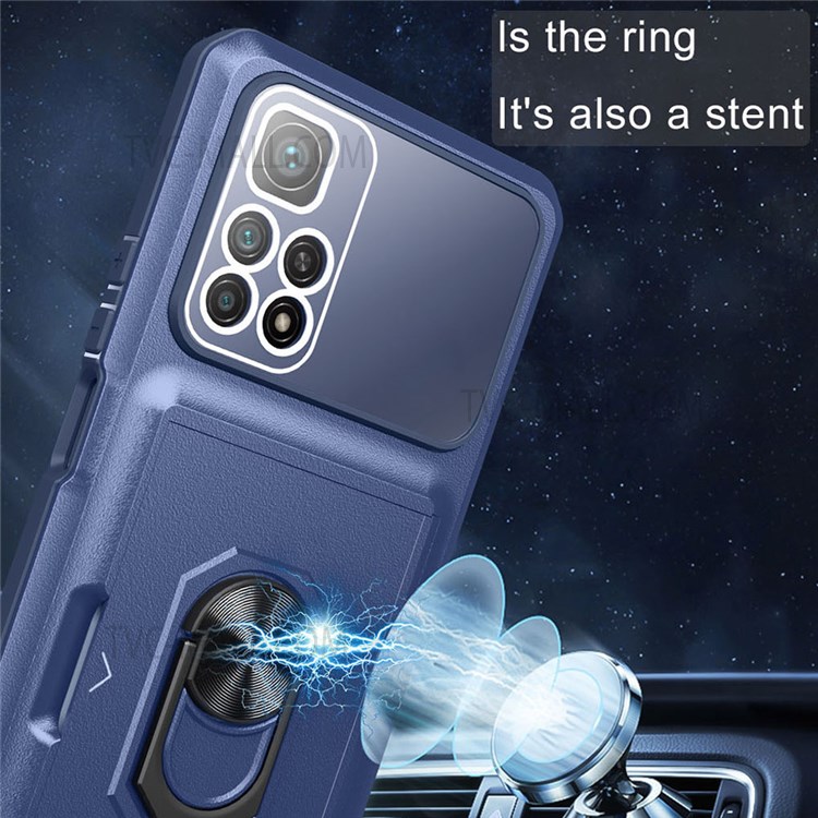 For Xiaomi Redmi Note 11 5G (China) (MediaTek)/Redmi Note 11S 5G/Redmi Note 11T 5G Sliding Card Holder Micron Lens Film Design Case Ring Kickstand TPU + PC Protective Cover - Sapphire/Blue-7