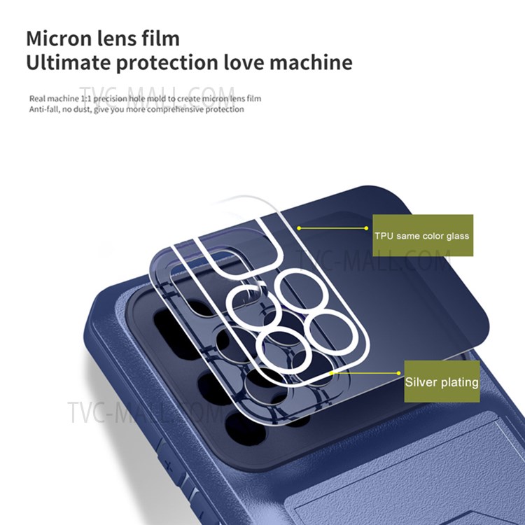For Xiaomi Redmi Note 11 4G (Qualcomm) Sliding Card Holder Micron Lens Film Design Case Drop-proof Ring Kickstand TPU + PC Cell Phone Cover - Sapphire/Blue-3
