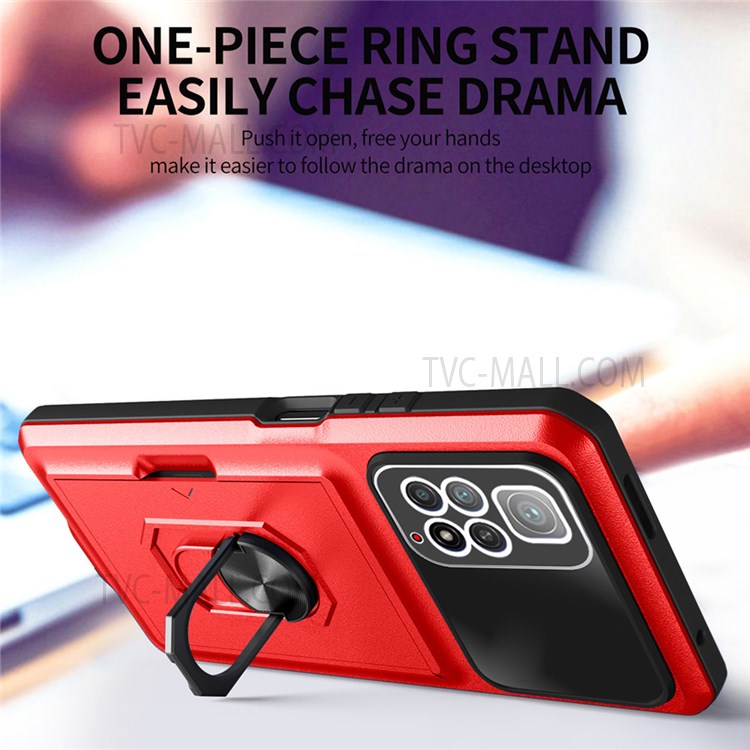 For Xiaomi Redmi Note 11 4G (Qualcomm) Sliding Card Holder Micron Lens Film Design Case Drop-proof Ring Kickstand TPU + PC Cell Phone Cover - Sapphire/Blue-5