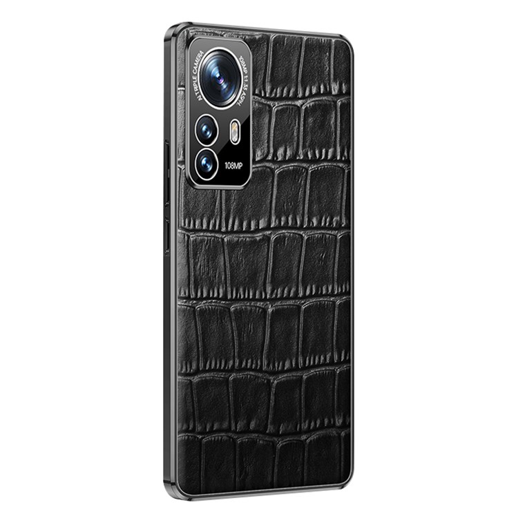 For Xiaomi 12/12X Electroplated Design Crocodile Texture Case Genuine Cowhide Leather Coating TPU Cover - Black-1