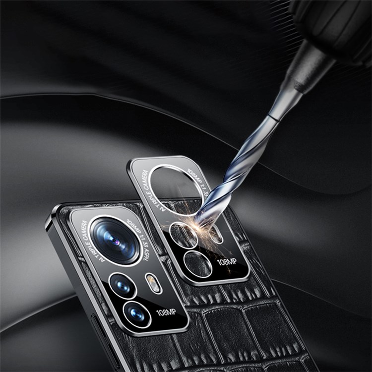 For Xiaomi 12/12X Electroplated Design Crocodile Texture Case Genuine Cowhide Leather Coating TPU Cover - Black-4