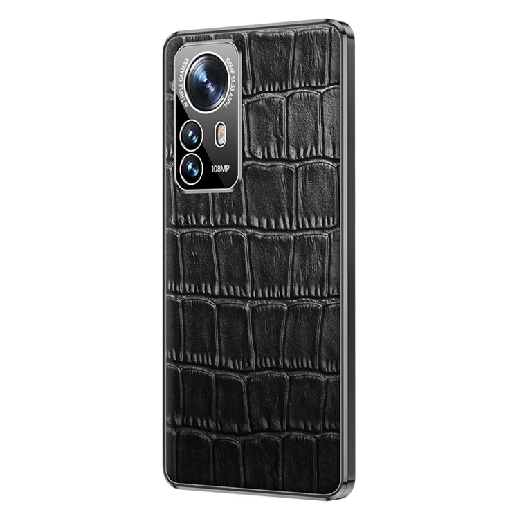 For Xiaomi 12/12X Electroplated Design Crocodile Texture Case Genuine Cowhide Leather Coating TPU Cover - Black-6