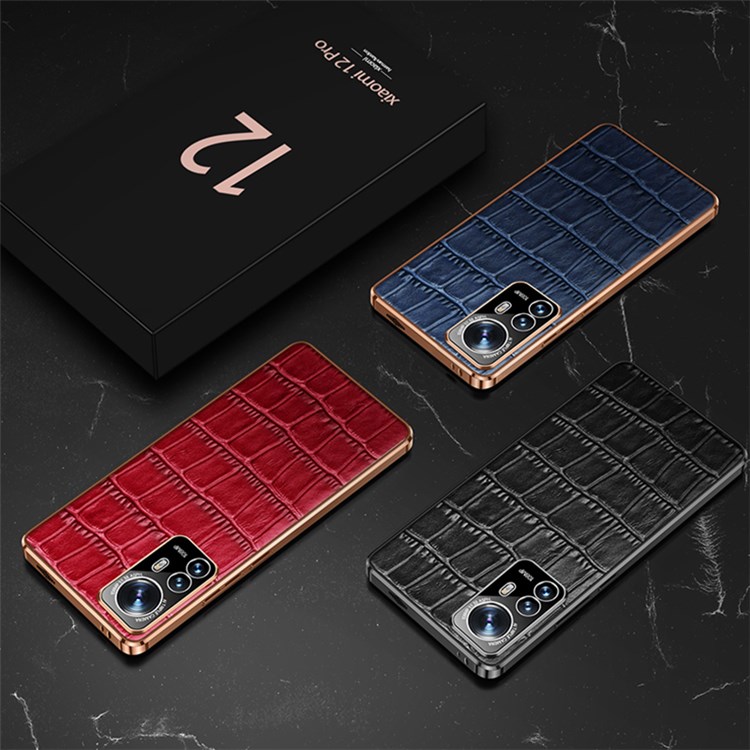 For Xiaomi 12/12X Electroplated Design Crocodile Texture Case Genuine Cowhide Leather Coating TPU Cover - Black-7