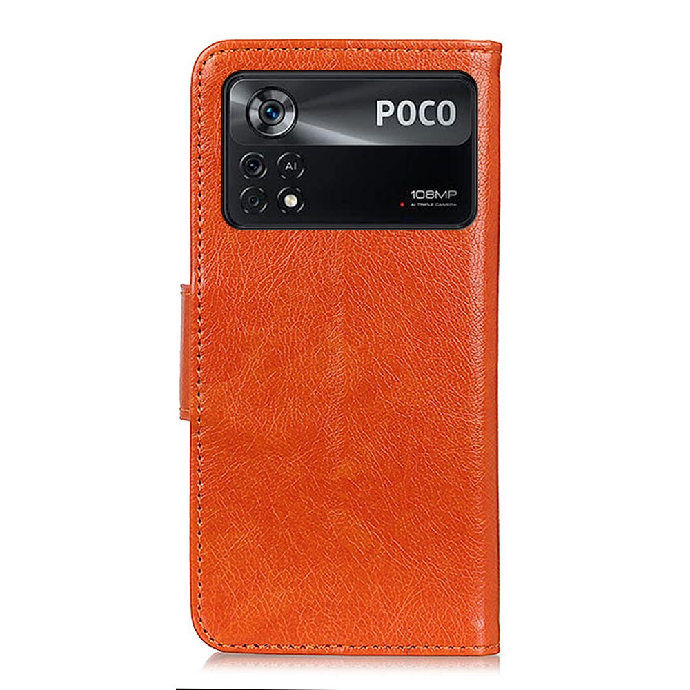 For Xiaomi Poco X4 Pro 5G Nappa Texture Split Leather Wallet Case Stand Magnetic Closure Flip Cover - Orange-6