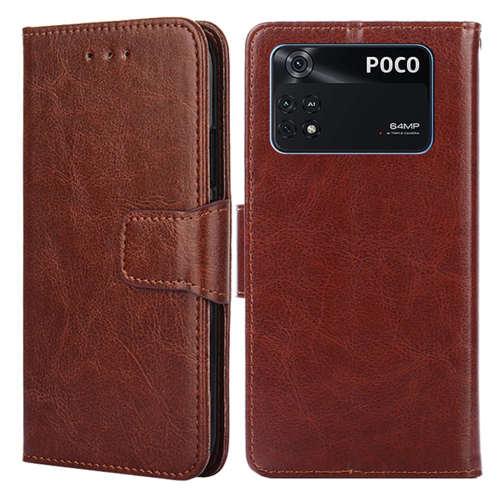 PU Leather Phone Case for Xiaomi Poco M4 Pro Wallet Stand TPU Bumper Protective Flip Folio Cover - Brown-1