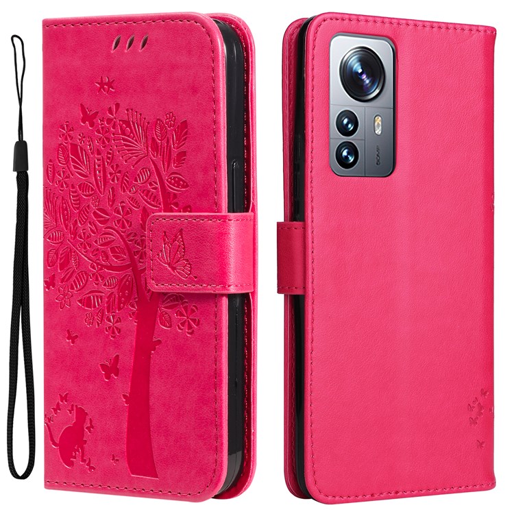 For Xiaomi 12 Pro KT Imprinting Flower Series-3 PU Leather Case, Cat Tree Pattern Imprinted Horizontal Stand Wallet Phone Cover with Strap - Rose-1