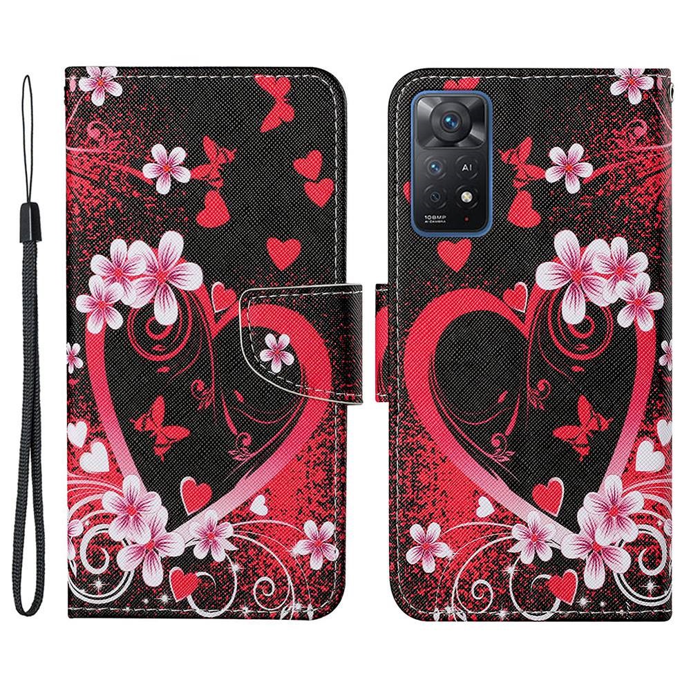 Pattern-Printing Leather Case for Xiaomi Redmi Note 11 Pro 4G (MediaTek)/Note 11 Pro 5G (Qualcomm), Cross Texture Leather Phone Shell with Strap Wallet and Stand - Hearts with Flowers-1