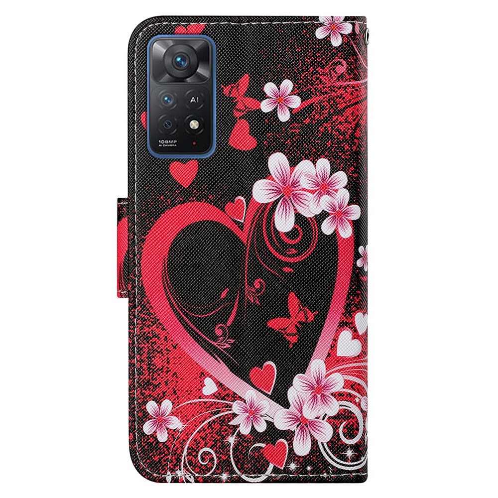 Pattern-Printing Leather Case for Xiaomi Redmi Note 11 Pro 4G (MediaTek)/Note 11 Pro 5G (Qualcomm), Cross Texture Leather Phone Shell with Strap Wallet and Stand - Hearts with Flowers-8