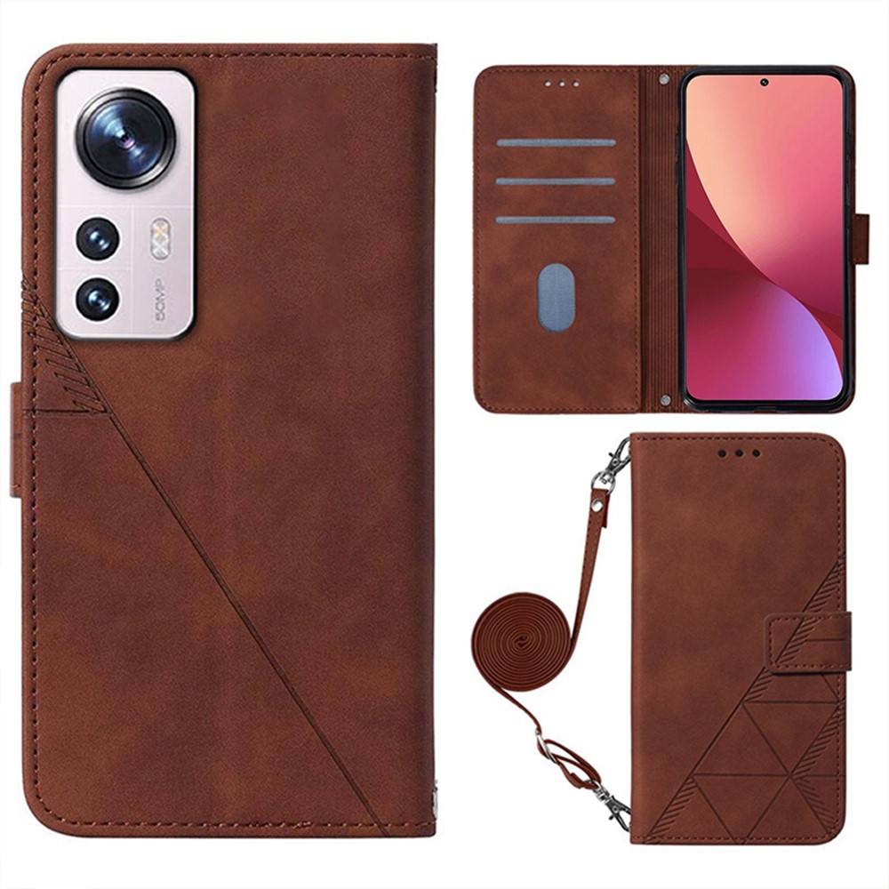 For Xiaomi 12/12X YB Imprinting Pattern Series-2 Wallet Style PU Leather Magnetic Case Lines Imprinted Shoulder Strap Anti-fall Stand Shell - Brown-1