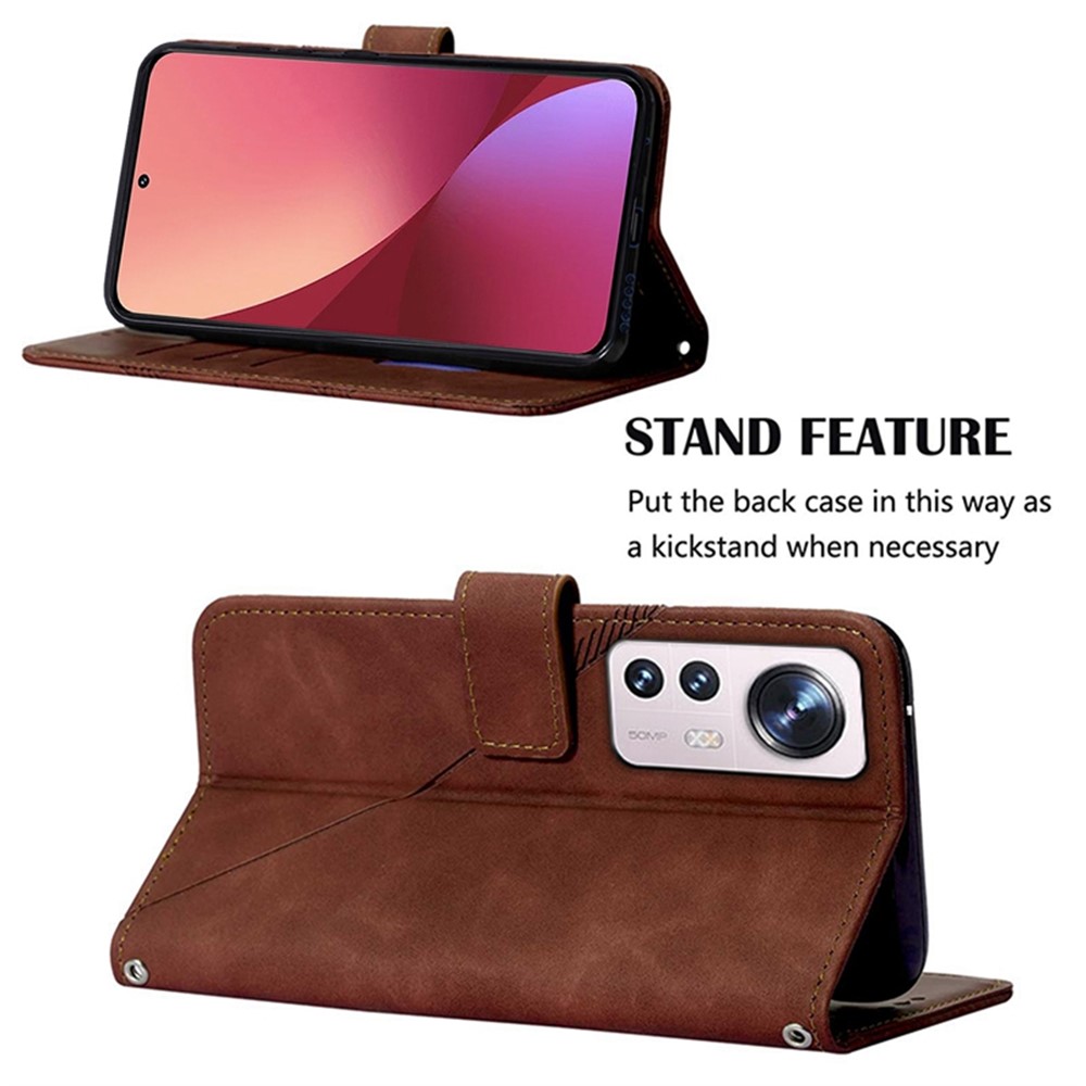 For Xiaomi 12/12X YB Imprinting Pattern Series-2 Wallet Style PU Leather Magnetic Case Lines Imprinted Shoulder Strap Anti-fall Stand Shell - Brown-2