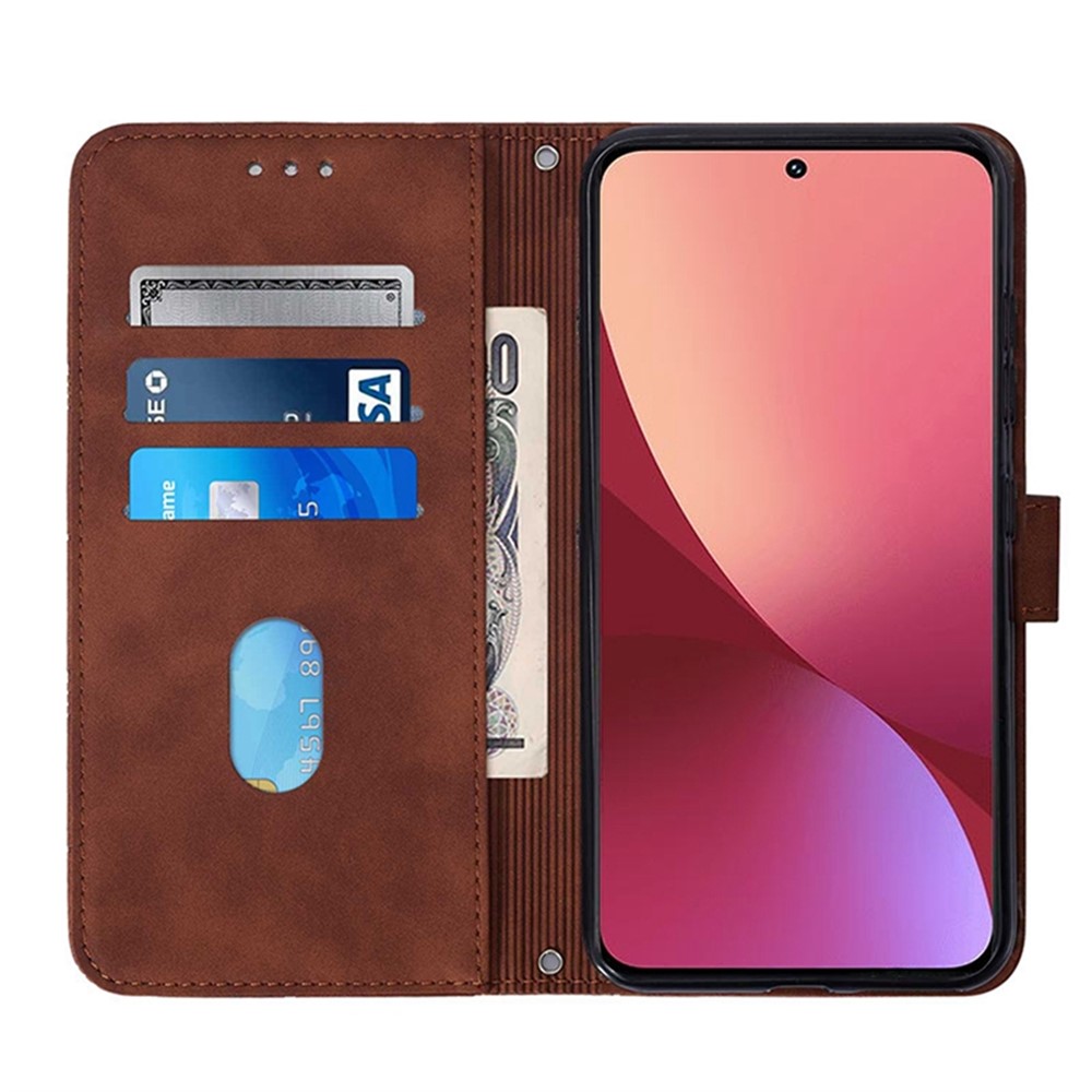 For Xiaomi 12/12X YB Imprinting Pattern Series-2 Wallet Style PU Leather Magnetic Case Lines Imprinted Shoulder Strap Anti-fall Stand Shell - Brown-4