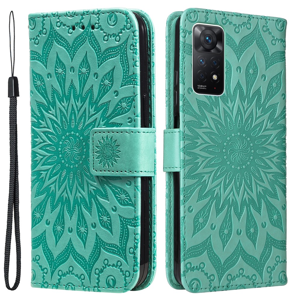 KT Imprinting Flower Series-1 for Xiaomi Redmi Note 11 Pro 4G (MediaTek)/Note 11 Pro 5G (Qualcomm), Mandala Sunflower Pattern Imprinting PU Leather Cover Wallet Stand Phone Shell - Green-1