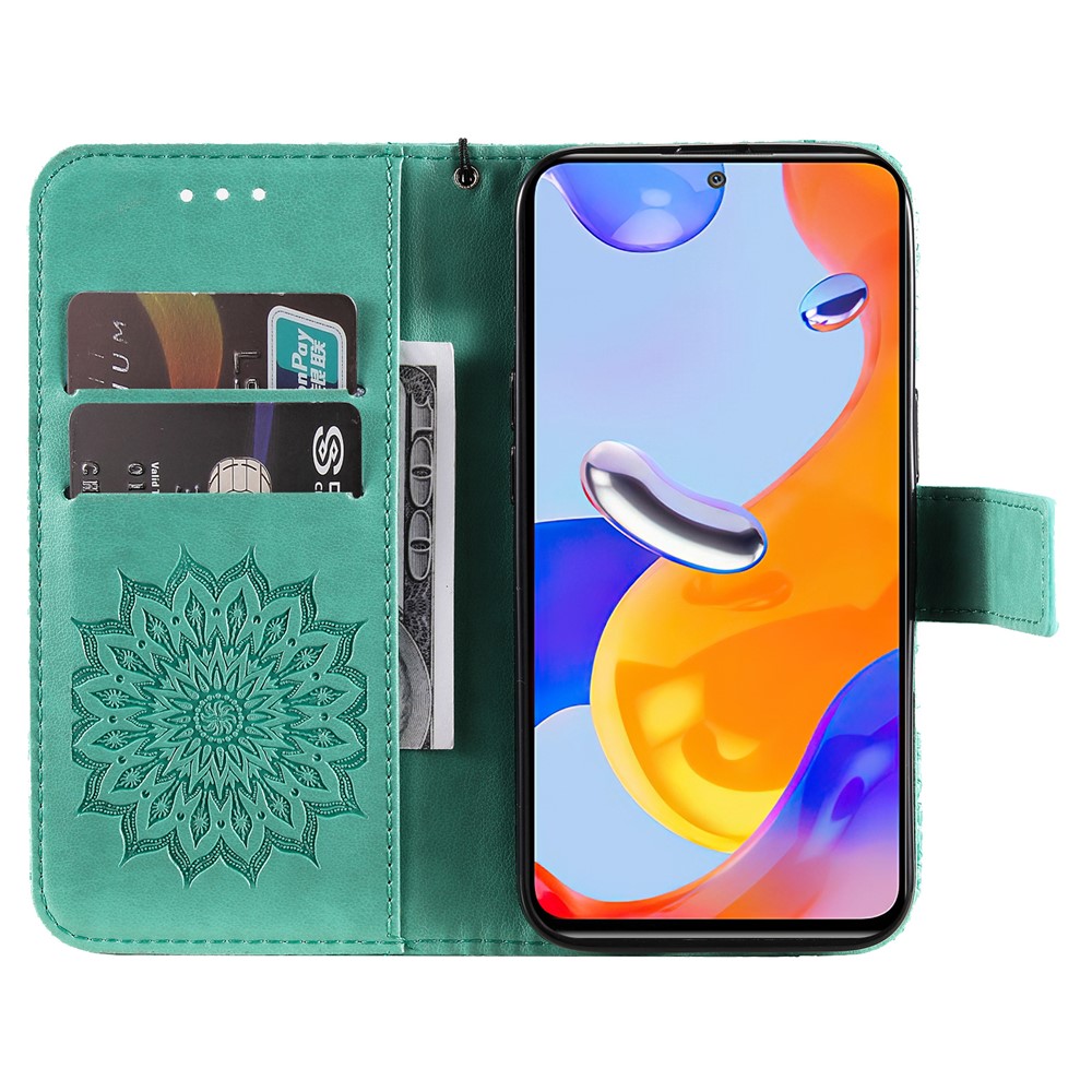 KT Imprinting Flower Series-1 for Xiaomi Redmi Note 11 Pro 4G (MediaTek)/Note 11 Pro 5G (Qualcomm), Mandala Sunflower Pattern Imprinting PU Leather Cover Wallet Stand Phone Shell - Green-2