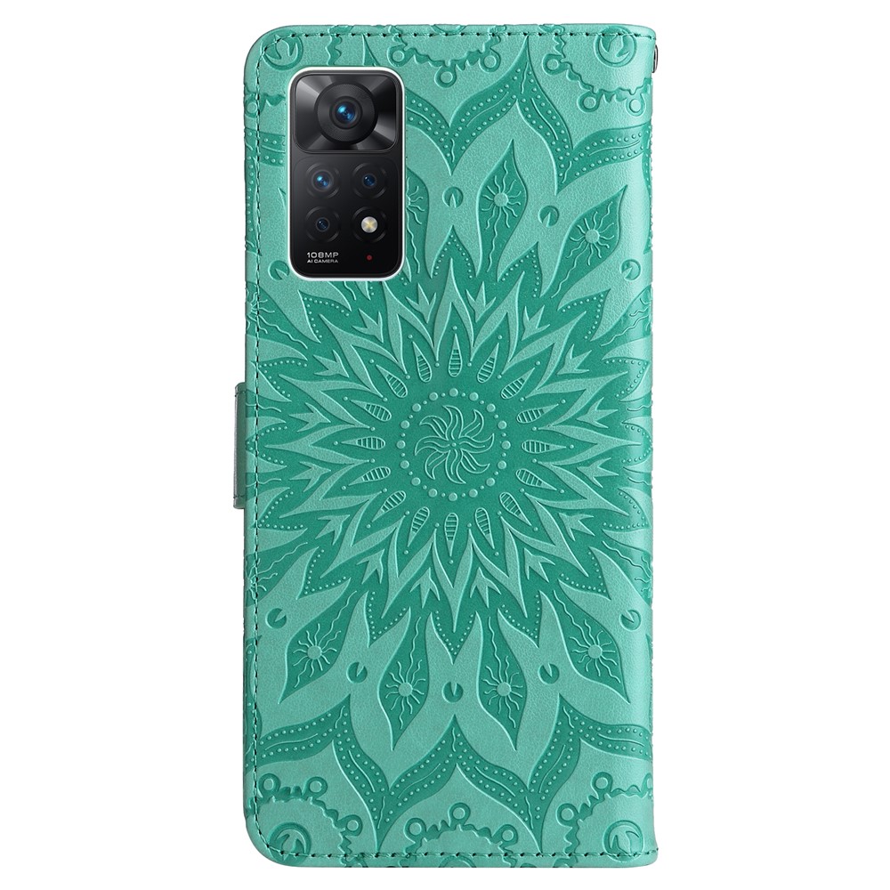 KT Imprinting Flower Series-1 for Xiaomi Redmi Note 11 Pro 4G (MediaTek)/Note 11 Pro 5G (Qualcomm), Mandala Sunflower Pattern Imprinting PU Leather Cover Wallet Stand Phone Shell - Green-6