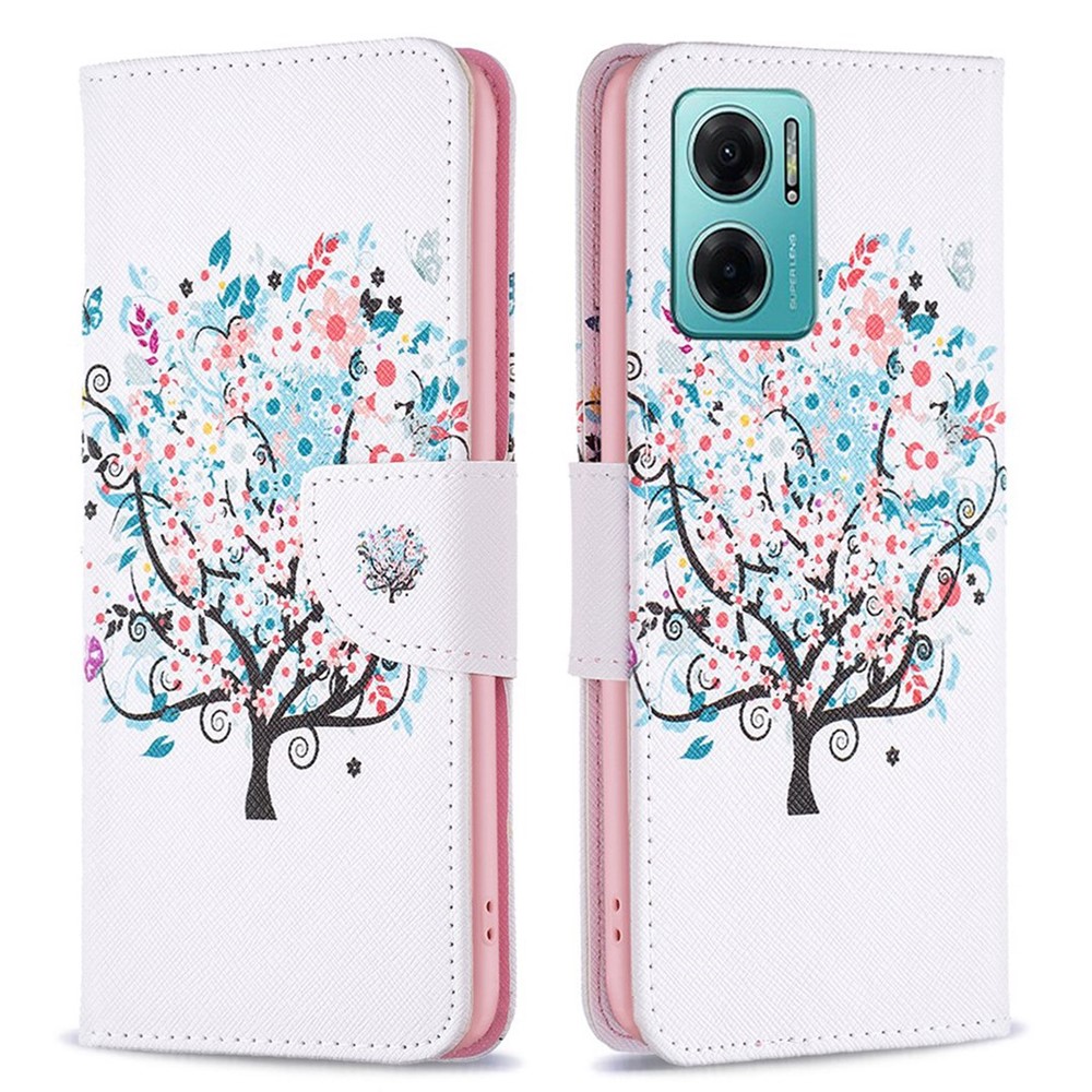 BF Pattern Printing Leather Series-1 for Xiaomi Redmi 10 5G/Note 11E Pattern Printed PU Leather Phone Case Protective Folio Flip Cover with Stand Wallet - Flower Tree-1
