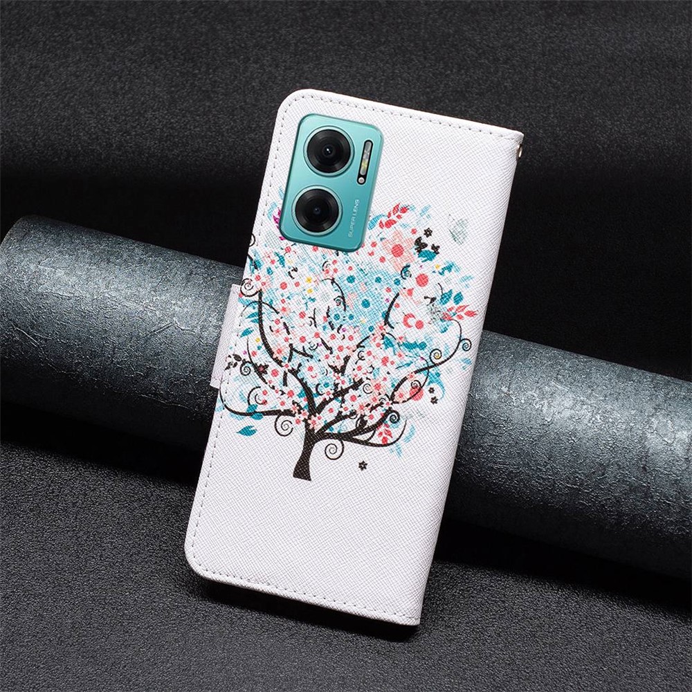 BF Pattern Printing Leather Series-1 for Xiaomi Redmi 10 5G/Note 11E Pattern Printed PU Leather Phone Case Protective Folio Flip Cover with Stand Wallet - Flower Tree-4