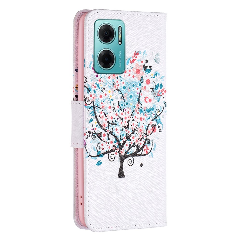 BF Pattern Printing Leather Series-1 for Xiaomi Redmi 10 5G/Note 11E Pattern Printed PU Leather Phone Case Protective Folio Flip Cover with Stand Wallet - Flower Tree-7