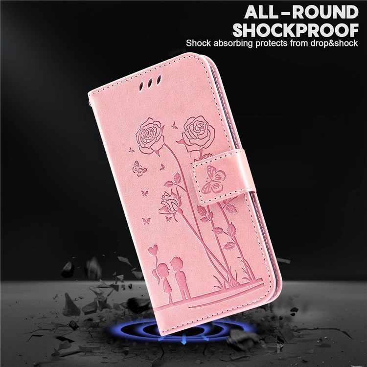 For Xiaomi Redmi Note 11S 4G/Note 11 4G (Qualcomm) Imprinting Couple and Flowers Pattern PU Leather Phone Case with Wallet Stand - Pink-4