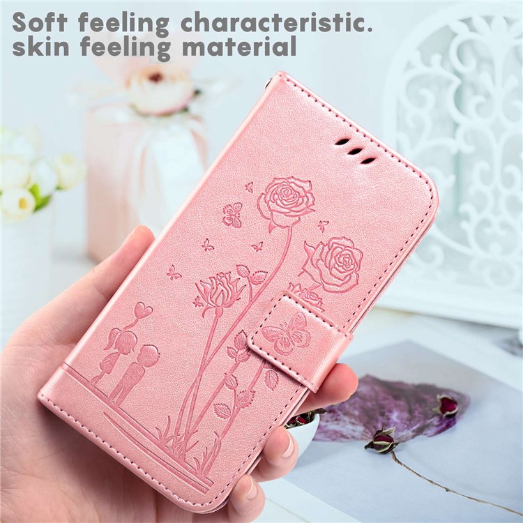 For Xiaomi Redmi Note 11S 4G/Note 11 4G (Qualcomm) Imprinting Couple and Flowers Pattern PU Leather Phone Case with Wallet Stand - Pink-5