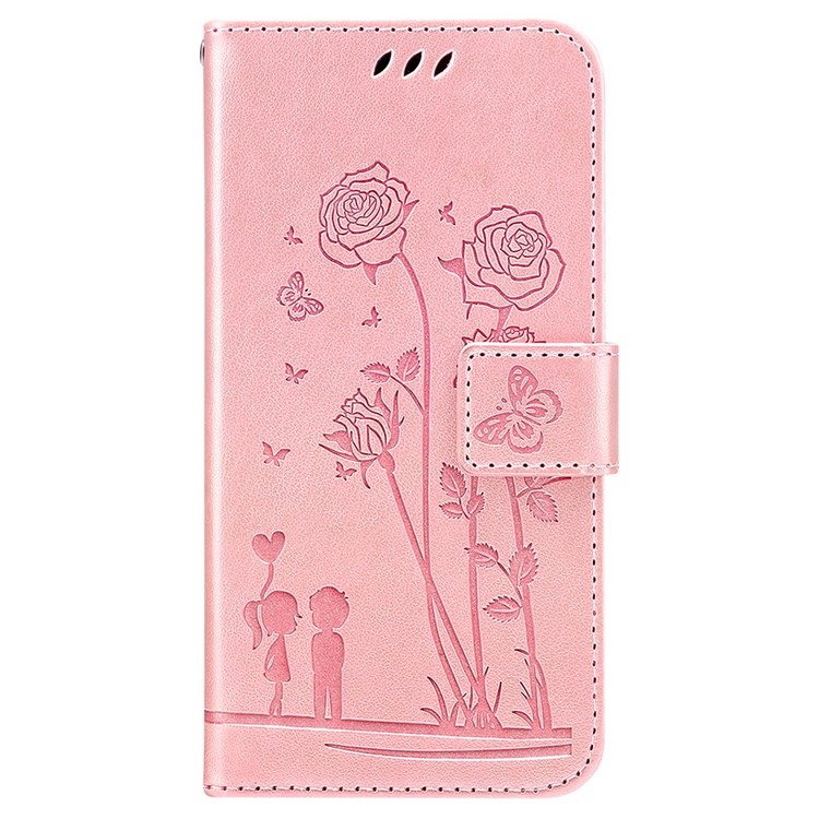 For Xiaomi Redmi Note 11S 4G/Note 11 4G (Qualcomm) Imprinting Couple and Flowers Pattern PU Leather Phone Case with Wallet Stand - Pink-8