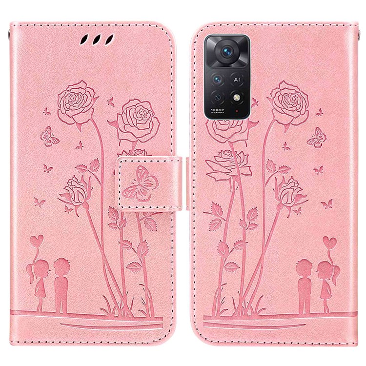 ForXiaomi Redmi Note 11 Pro 5G (Qualcomm)/Note 11 Pro 4G (MediaTek) Imprinting Couple and Flowers Pattern Phone Cover PU Leather Wallet Stand Case - Pink-1