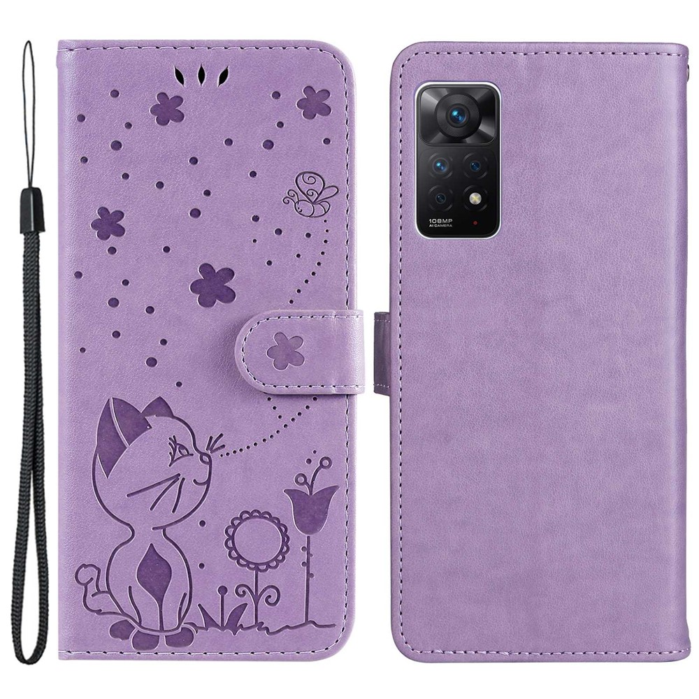 For Xiaomi Redmi Note 11 Pro 4G (MediaTek)/Note 11 Pro 5G (Qualcomm) KT Imprinting Flower Series-4 PU Leather Imprinted Cat and Bee Pattern Wallet Stand Anti-drop Phone Case with Strap - Purple-1