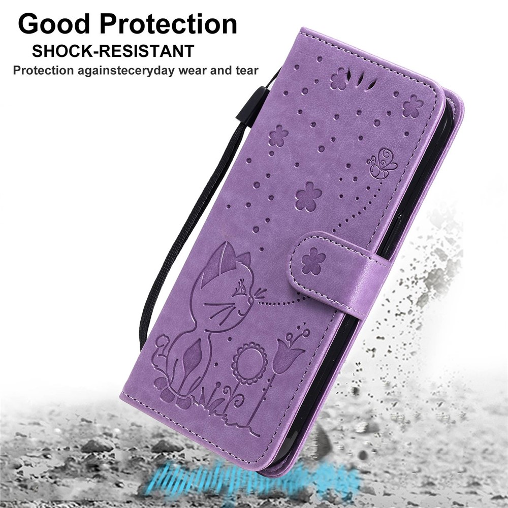 For Xiaomi Redmi Note 11 Pro 4G (MediaTek)/Note 11 Pro 5G (Qualcomm) KT Imprinting Flower Series-4 PU Leather Imprinted Cat and Bee Pattern Wallet Stand Anti-drop Phone Case with Strap - Purple-10