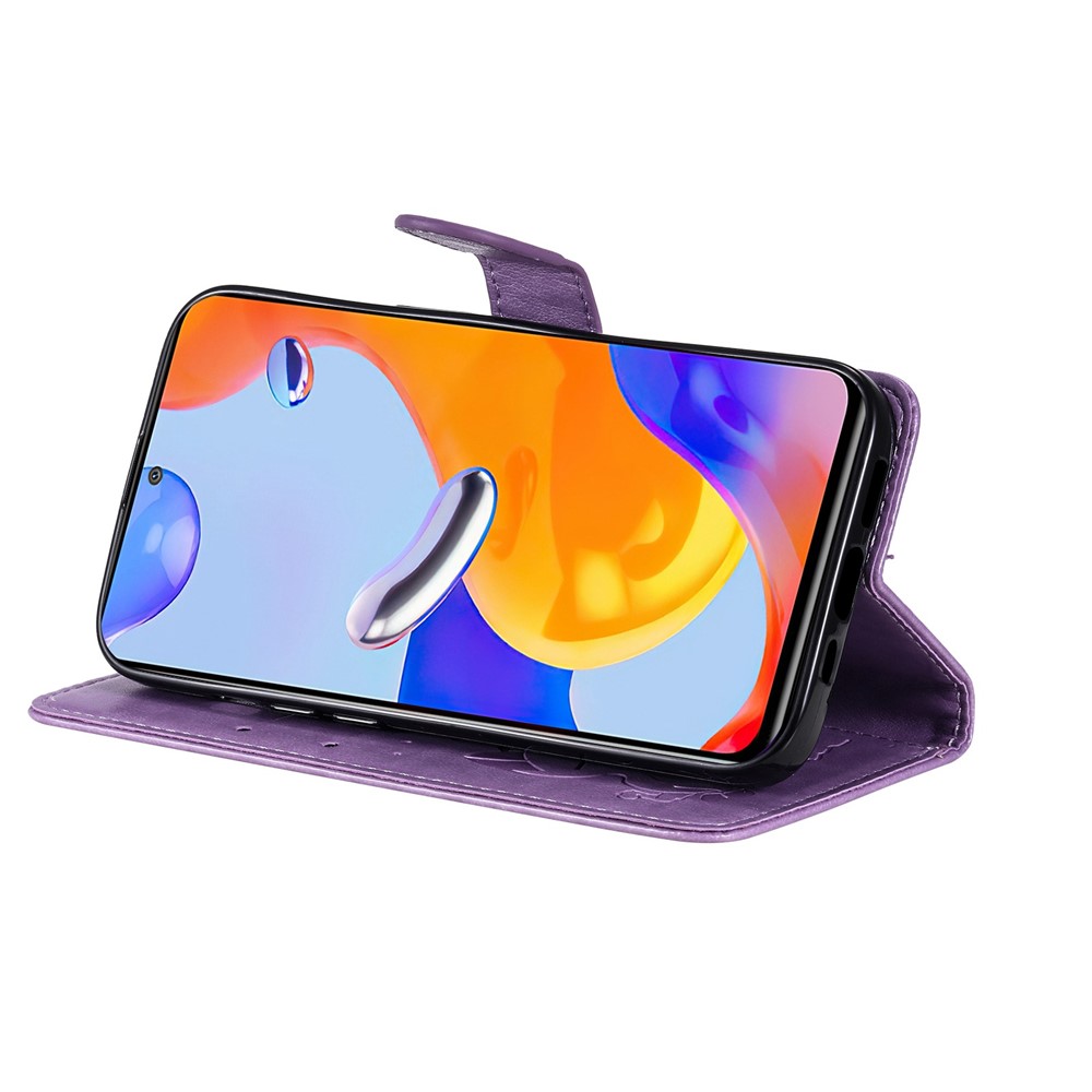 For Xiaomi Redmi Note 11 Pro 4G (MediaTek)/Note 11 Pro 5G (Qualcomm) KT Imprinting Flower Series-4 PU Leather Imprinted Cat and Bee Pattern Wallet Stand Anti-drop Phone Case with Strap - Purple-4