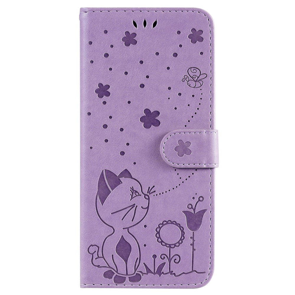For Xiaomi Redmi Note 11 Pro 4G (MediaTek)/Note 11 Pro 5G (Qualcomm) KT Imprinting Flower Series-4 PU Leather Imprinted Cat and Bee Pattern Wallet Stand Anti-drop Phone Case with Strap - Purple-6