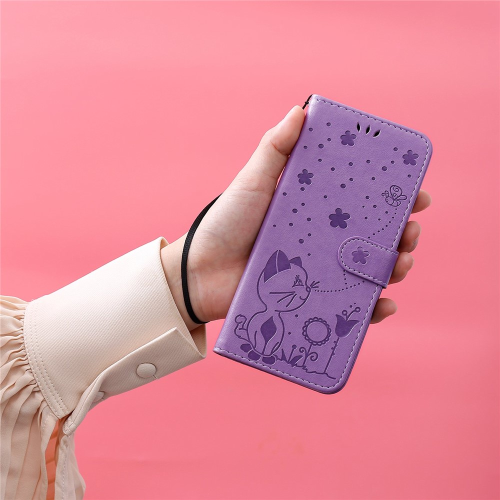 For Xiaomi Redmi Note 11 Pro 4G (MediaTek)/Note 11 Pro 5G (Qualcomm) KT Imprinting Flower Series-4 PU Leather Imprinted Cat and Bee Pattern Wallet Stand Anti-drop Phone Case with Strap - Purple-8