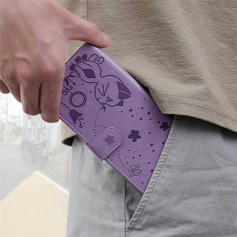 For Xiaomi Redmi Note 11 Pro 4G (MediaTek)/Note 11 Pro 5G (Qualcomm) KT Imprinting Flower Series-4 PU Leather Imprinted Cat and Bee Pattern Wallet Stand Anti-drop Phone Case with Strap - Purple-9