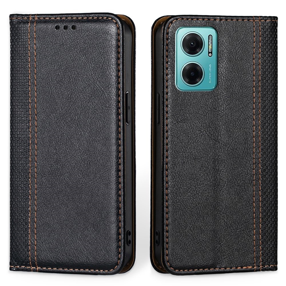For Xiaomi Redmi Note 11E 5G/Redmi 10 5G Card Holder Plaid Pattern Leather Cover Magnetic Auto-absorbed Stand Case - Black-1