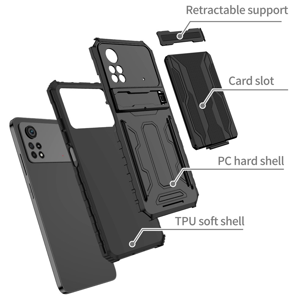 For Xiaomi Poco X4 Pro 5G Anti-scratch Phone Shell Hard PC and TPU Scratch Resistant Phone Cover with Kickstand and Detachable Card Holder - Black-3
