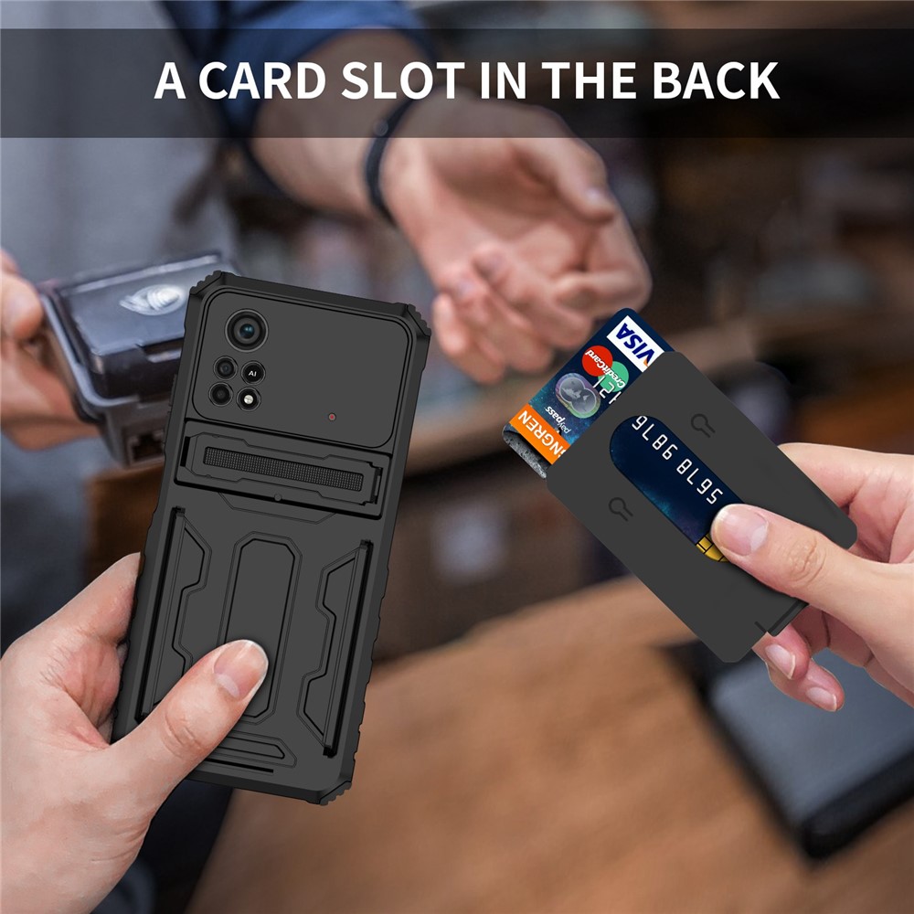 For Xiaomi Poco X4 Pro 5G Anti-scratch Phone Shell Hard PC and TPU Scratch Resistant Phone Cover with Kickstand and Detachable Card Holder - Black-8