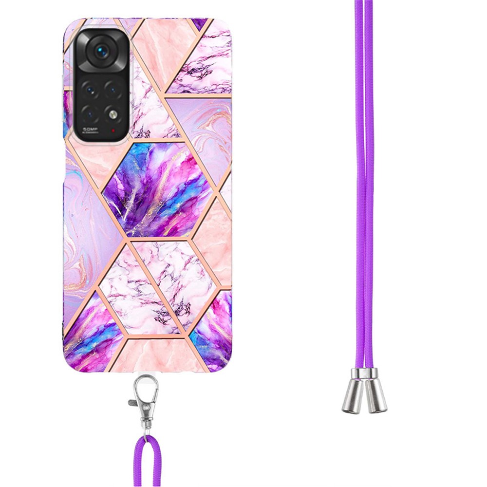 YB IMD Series-5 Flexible TPU Phone Cover for Xiaomi Redmi Note 11 4G (Qualcomm)/Note 11S 4G, Electroplating Splicing IMD IML Marble Pattern Phone Case with Shoulder Strap - Light Purple-3