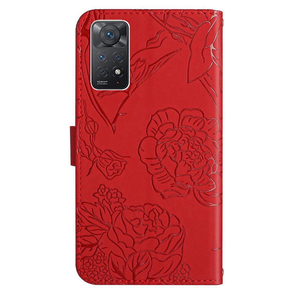 For Xiaomi Redmi Note 11 Pro 4G (MediaTek)/Note 11 Pro 5G (Qualcomm) Imprinted Butterfly Flowers Pattern PU Leather Wallet Case Flip Stand Protective Phone Cover with Shoulder Strap - Red-10