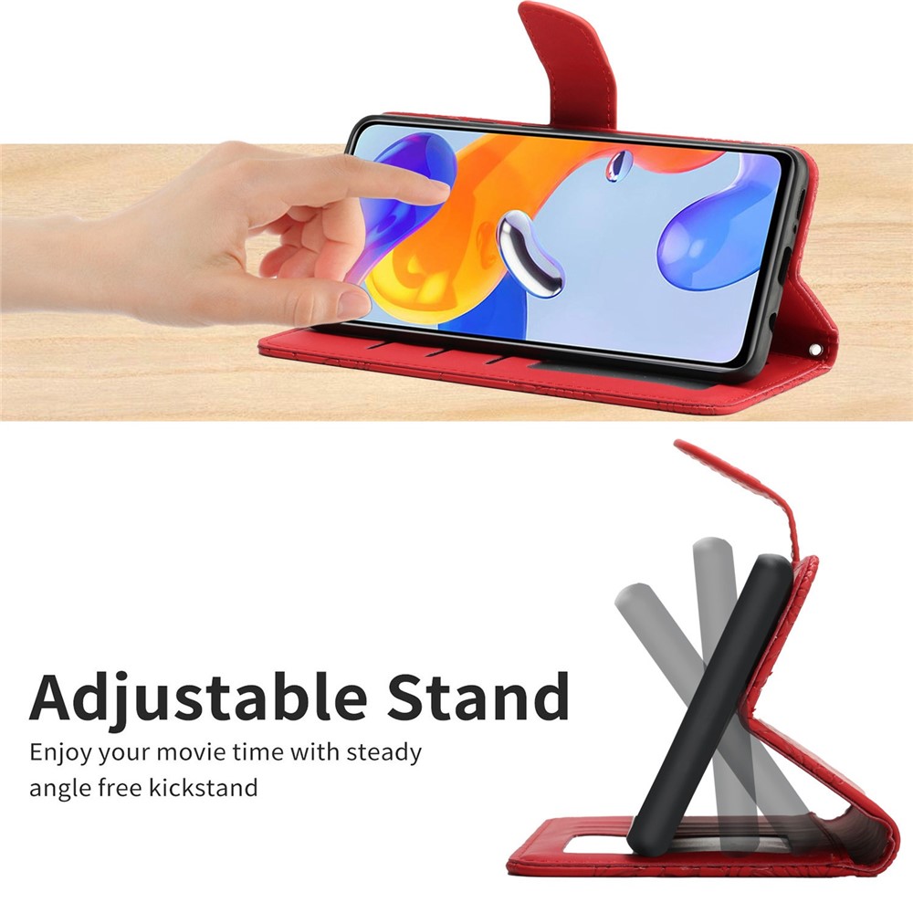 For Xiaomi Redmi Note 11 Pro 4G (MediaTek)/Note 11 Pro 5G (Qualcomm) Imprinted Butterfly Flowers Pattern PU Leather Wallet Case Flip Stand Protective Phone Cover with Shoulder Strap - Red-3