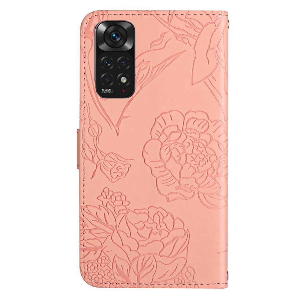 For Xiaomi Redmi Note 11 4G (Qualcomm)/Redmi Note 11S 4G PU Leather Wallet Case Imprinted Butterfly Flowers Stand Shockproof Shoulder Strap Removable Flip Protective Cover - Pink-10