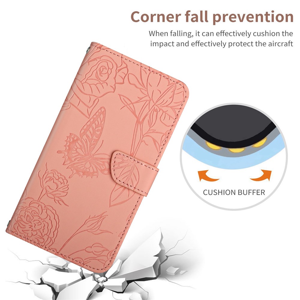 For Xiaomi Redmi Note 11 4G (Qualcomm)/Redmi Note 11S 4G PU Leather Wallet Case Imprinted Butterfly Flowers Stand Shockproof Shoulder Strap Removable Flip Protective Cover - Pink-6