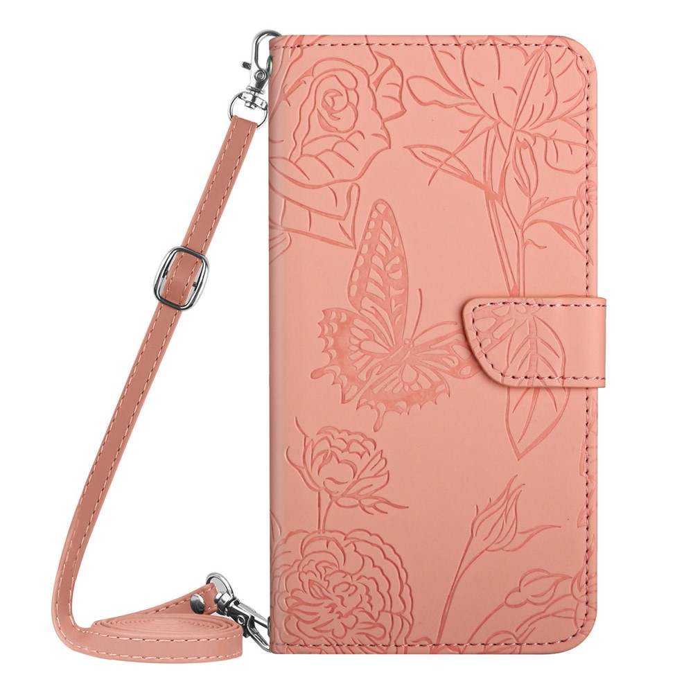 For Xiaomi Redmi Note 11 4G (Qualcomm)/Redmi Note 11S 4G PU Leather Wallet Case Imprinted Butterfly Flowers Stand Shockproof Shoulder Strap Removable Flip Protective Cover - Pink-9
