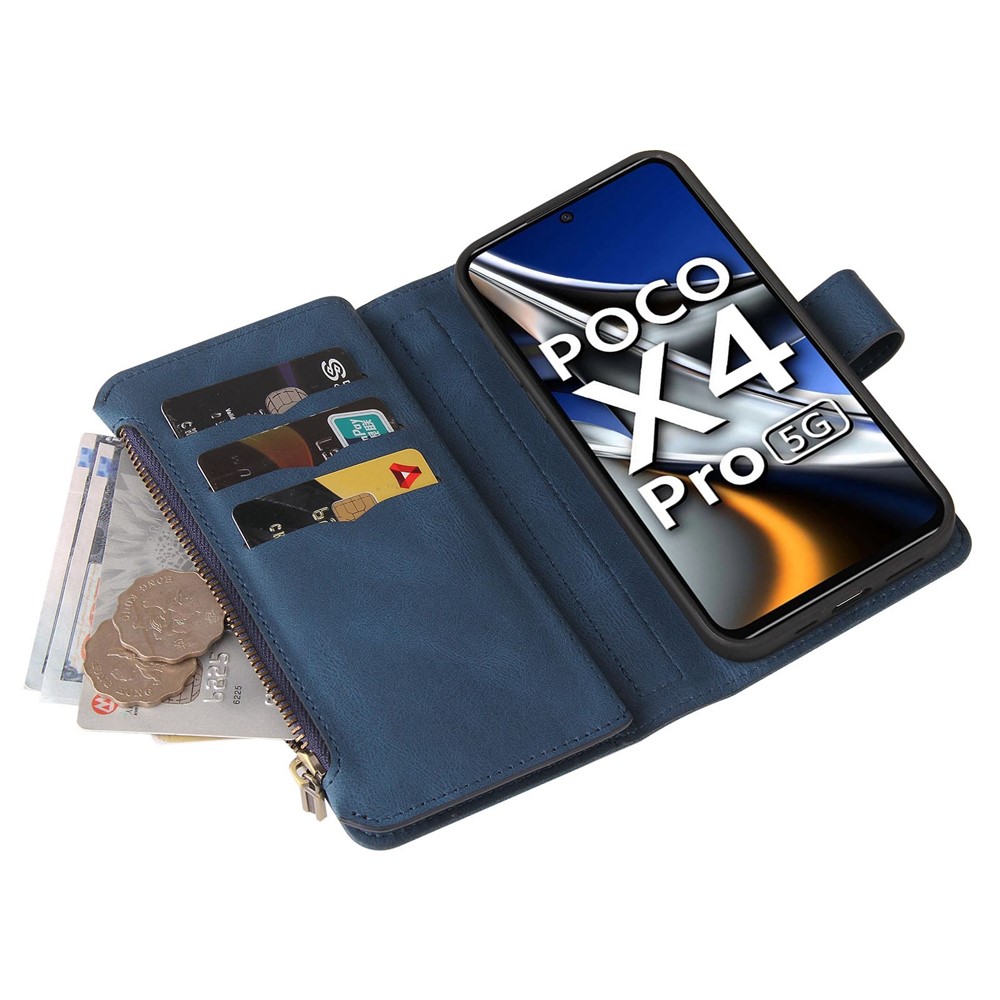 For Xiaomi Poco X4 Pro 5G KT Multi-functional Series-2 PU Leather Multiple Card Slots Case Zipper Pocket Wallet Mobile Phone Shell - Blue-10