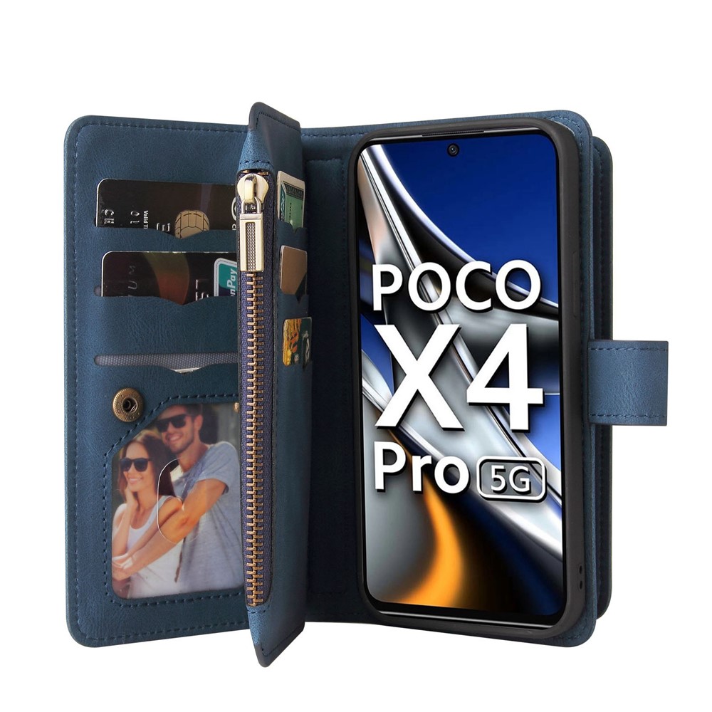 For Xiaomi Poco X4 Pro 5G KT Multi-functional Series-2 PU Leather Multiple Card Slots Case Zipper Pocket Wallet Mobile Phone Shell - Blue-7