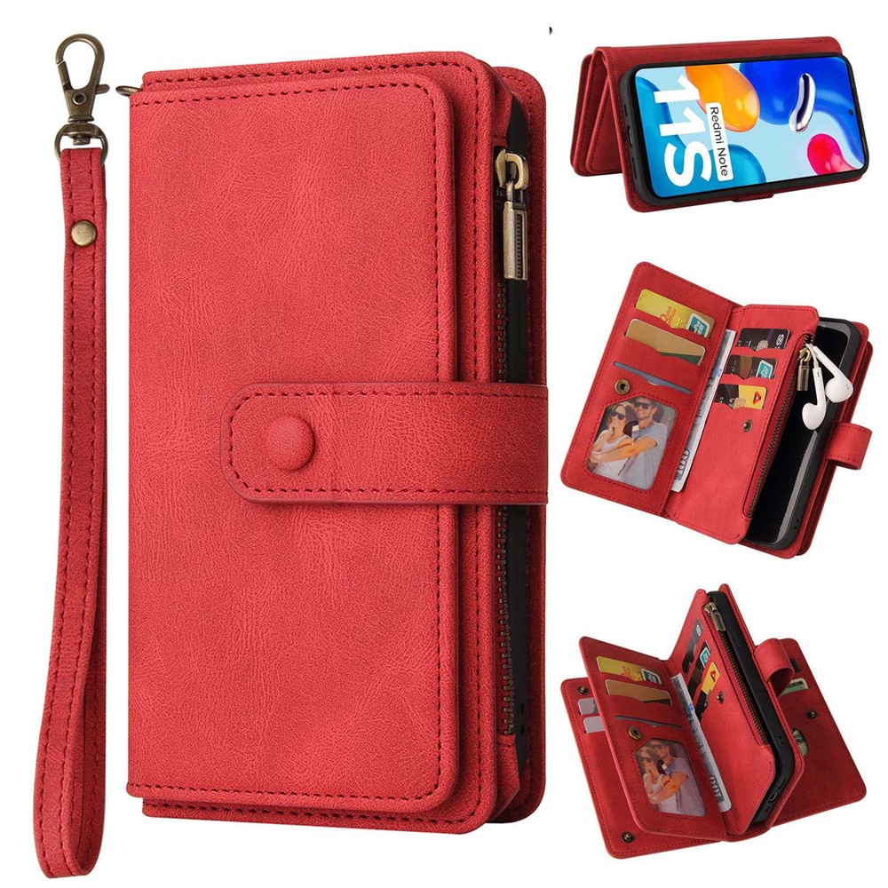For Xiaomi Redmi Note 11 4G (Qualcomm)/Note 11S 4G KT Multi-functional Series-2 Zipper Pocket Phone Case PU Leather Multiple Card Slots Stand Flip Cover - Red-1