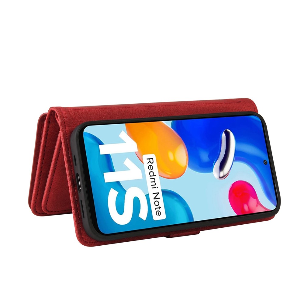 For Xiaomi Redmi Note 11 4G (Qualcomm)/Note 11S 4G KT Multi-functional Series-2 Zipper Pocket Phone Case PU Leather Multiple Card Slots Stand Flip Cover - Red-3