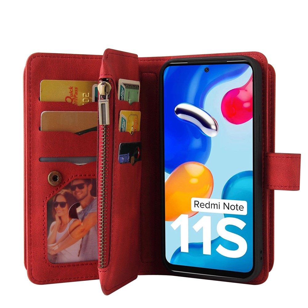 For Xiaomi Redmi Note 11 4G (Qualcomm)/Note 11S 4G KT Multi-functional Series-2 Zipper Pocket Phone Case PU Leather Multiple Card Slots Stand Flip Cover - Red-8