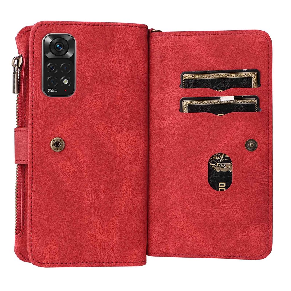 For Xiaomi Redmi Note 11 4G (Qualcomm)/Note 11S 4G KT Multi-functional Series-2 Zipper Pocket Phone Case PU Leather Multiple Card Slots Stand Flip Cover - Red-9